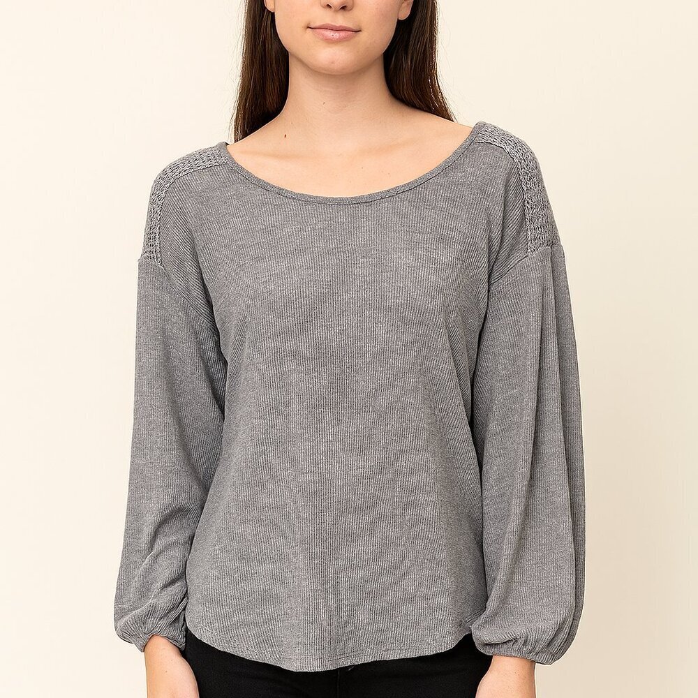 Ayla Gray Balloon Sleeve Knit Top S | Lace Shoulder Detail | Cozy Ribbed Texture